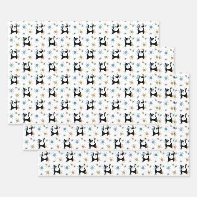 Retro Mid-Century Modern Cat Wrapping Paper Sheet (Set)