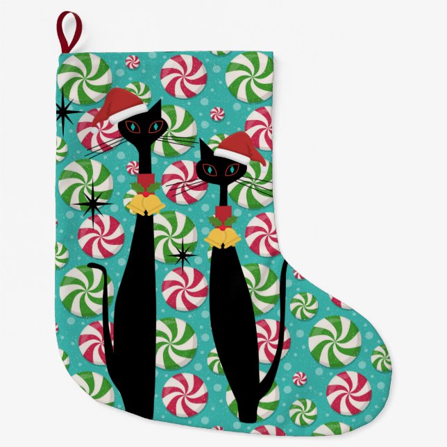Retro Mid Century Modern Cats Peppermint Santa Large Christmas Stocking (Front)