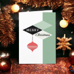 Retro Mid-Century Modern Christmas Holiday Card<br><div class="desc">A stylish retro chic holiday greeting card in a mid-century modern design that has geometric diamond shapes with Merry Christmas text. A vintage Christmas ornament in bright coral red hangs from the diamond shaped pattern. The background includes a colour block design of sage green and white. A collection of other...</div>
