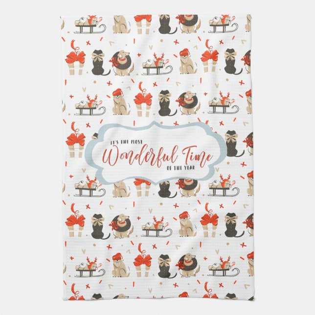 Retro Mid-Century Modern Christmas Holiday Tea Towel (Vertical)
