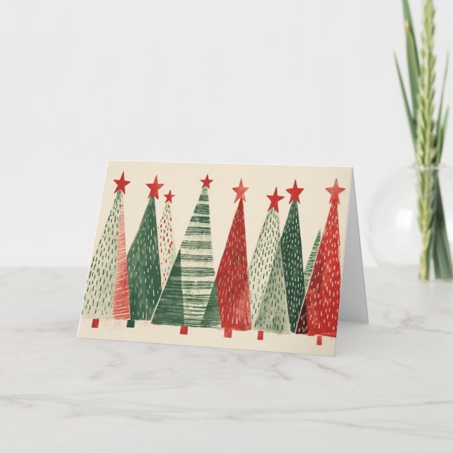 Retro Mid Century Modern Christmas Trees Holiday Card (Front)