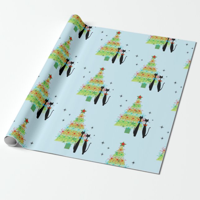 Retro Mid Century Modern Cool Cat Christmas Tree Wrapping Paper (Unrolled)