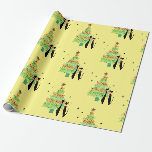 Retro Mid Century Modern Cool Cat Christmas Tree Wrapping Paper (Unrolled)