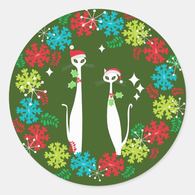 Retro Mid Century Modern Cool Cat Christmas Wreath Classic Round Sticker (Front)