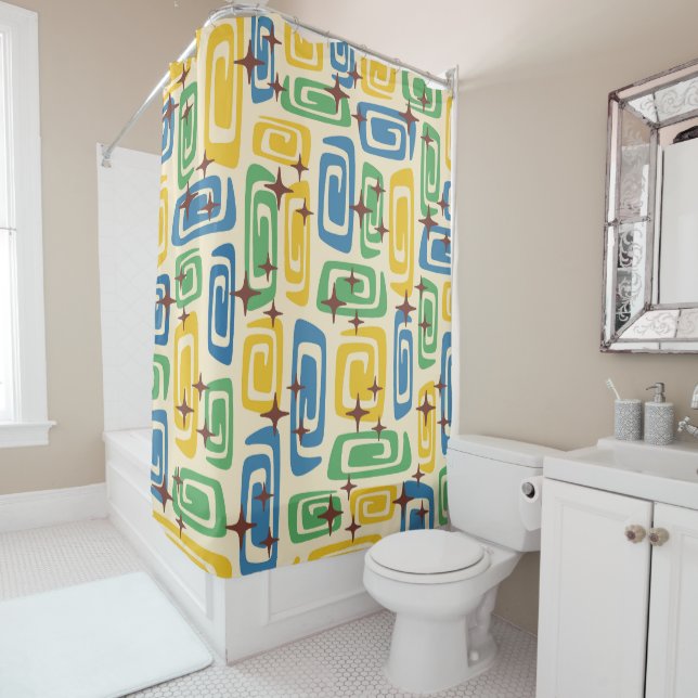 Retro Mid Century Modern Cosmic Abstract Pattern Shower Curtain (In Situ)