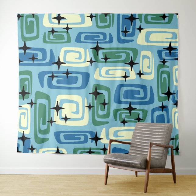 Retro Mid Century Modern Cosmic Abstract Pattern Tapestry (In Situ (Horizontal))