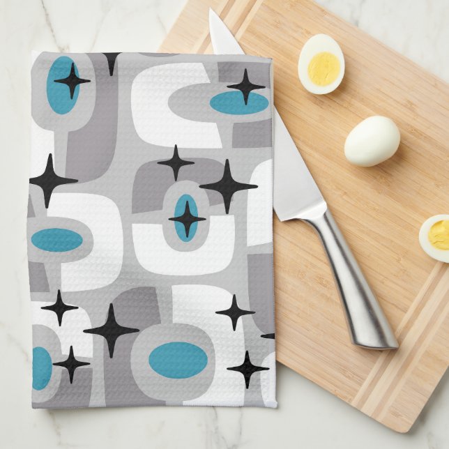 Retro Mid Century Modern Cosmic Abstract Pattern Tea Towel (Quarter Fold)