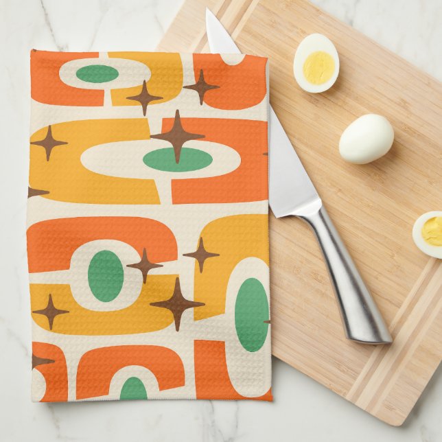 Retro Mid Century Modern Cosmic Abstract Pattern Tea Towel (Quarter Fold)