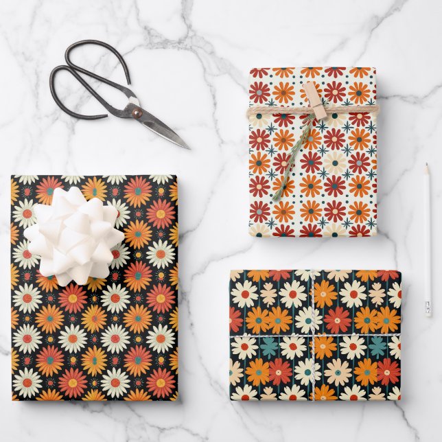 Retro Mid-Century Modern Daisy Design Wrapping Paper Sheet (Front)