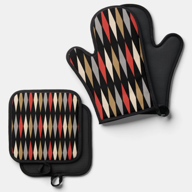 Retro Mid Century Modern Diamond Pattern Oven Mitt & Pot Holder Set (Front/Back)