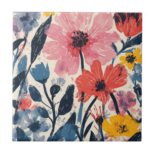 Retro Mid Century Modern Floral Design Tile