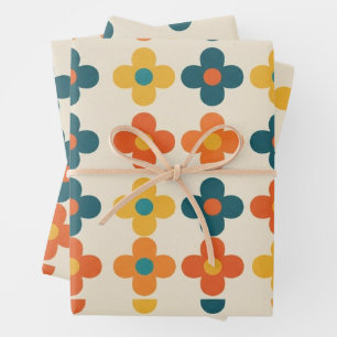 Retro Mid Century Modern Floral Grid Wrapping Pape Paper Sheet