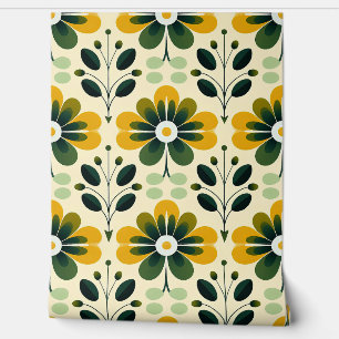 Retro Mid Century Modern Floral Yellow Green 70's Wallpaper