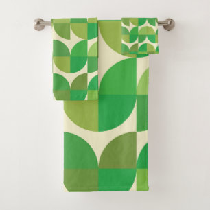 Retro Mid century Modern Green Geometric pattern Bath Towel Set