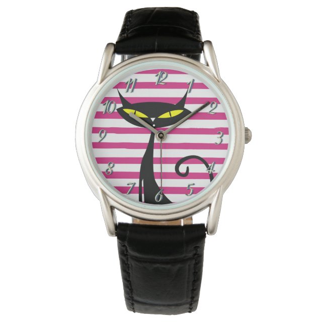 Retro Mid Century Modern MCM Black Cat Pink Stripe Watch (Front)