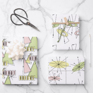 Retro Mid-Century Modern Merry & Bright Holiday Wrapping Paper Sheet