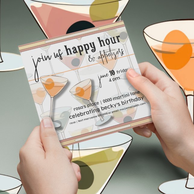 Retro Mid Century Modern Olives and Martinis Invitation (Retro inspired happy birthday and happy hour customizable party invitation with martinis. )