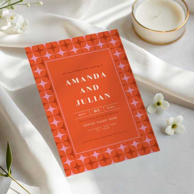 Retro Mid Century Modern Orange All in One Wedding Invitation (Creator Uploaded)