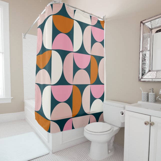 Retro Mid Century Modern Pattern Blue Blush Pink Shower Curtain (In Situ)