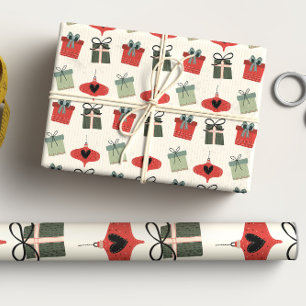 Retro Mid Century Modern Red Green Christmas  Wrapping Paper Sheet