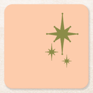 Retro Mid-century Modern Star Trio Olive and Blush Square Paper Coaster