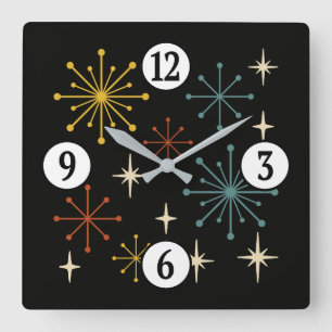 Retro Mid Century Modern Starburst Pattern Square Wall Clock