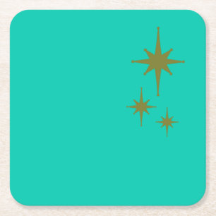 Retro Mid-century Modern Starburst Trio Teal Green Square Paper Coaster