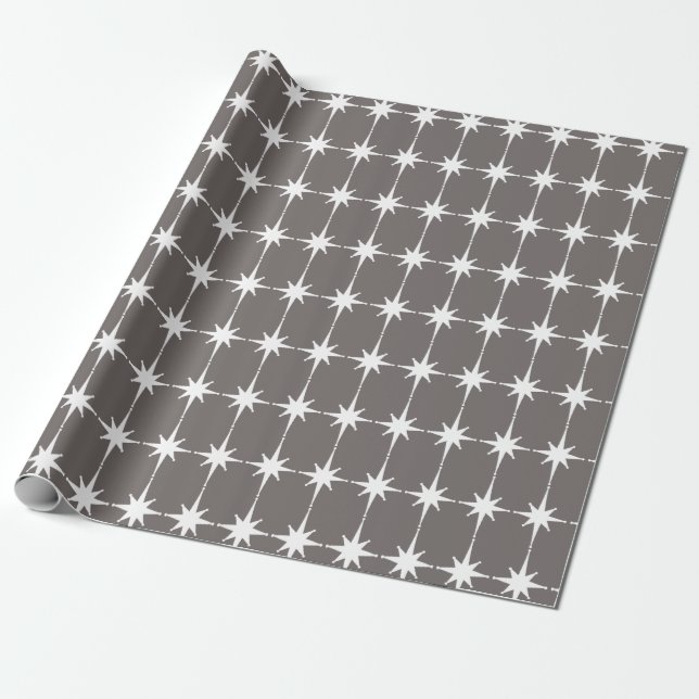 Retro Mid-century Modern Starbursts Pattern Grey Wrapping Paper (Unrolled)