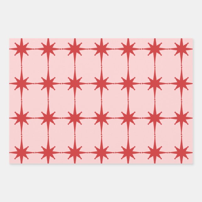 Retro Mid-century Modern Starbursts Red and Pink Wrapping Paper Sheet (Front)