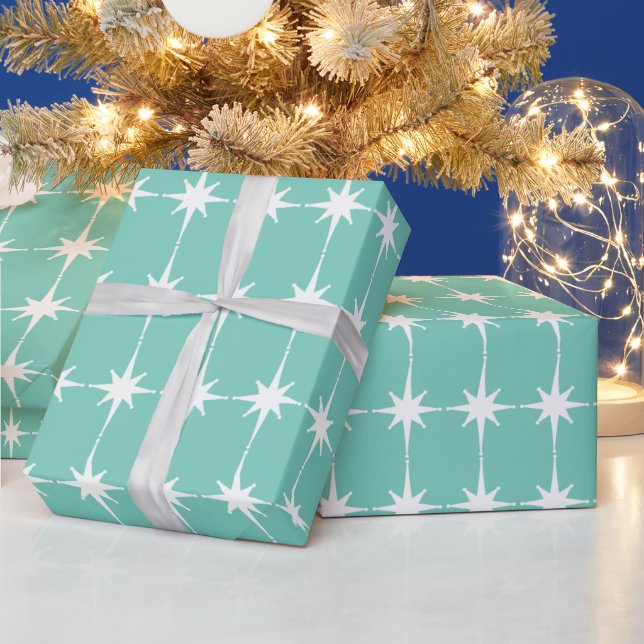Retro Mid-century Modern Stars Turquoise Blue Wrapping Paper (Holidays)