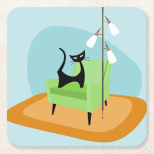 Retro Mid-century Modern Style Cat Square Paper Coaster