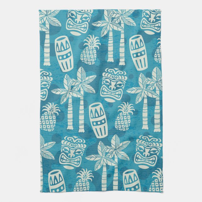 Retro Mid Century Modern Tiki Pattern Tea Towel (Vertical)