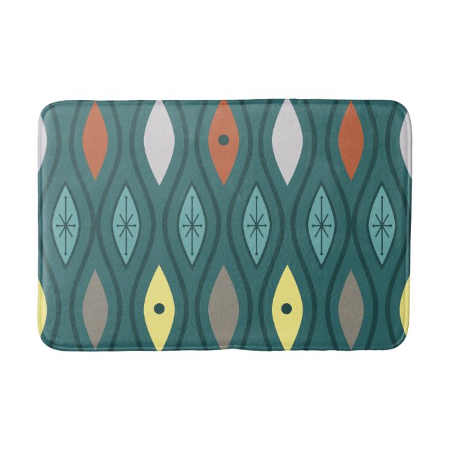 Retro Mid Century Modern Wavy Lines Teal Bath Mat (Front)