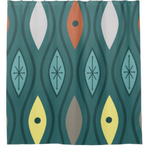 Retro Mid Century Modern Wavy Lines Teal Shower Curtain