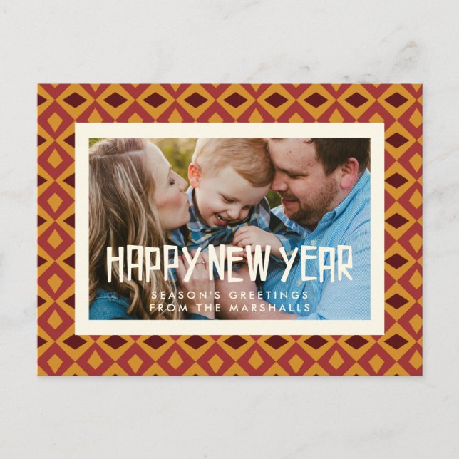 Retro mid century pattern Happy New Year photo Postcard (Front)