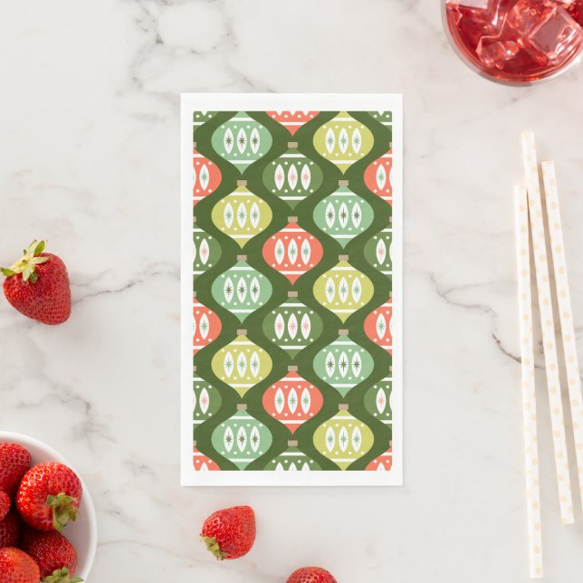 Retro Mid Century Red & Olive Green Christmas Napkin (Insitu)