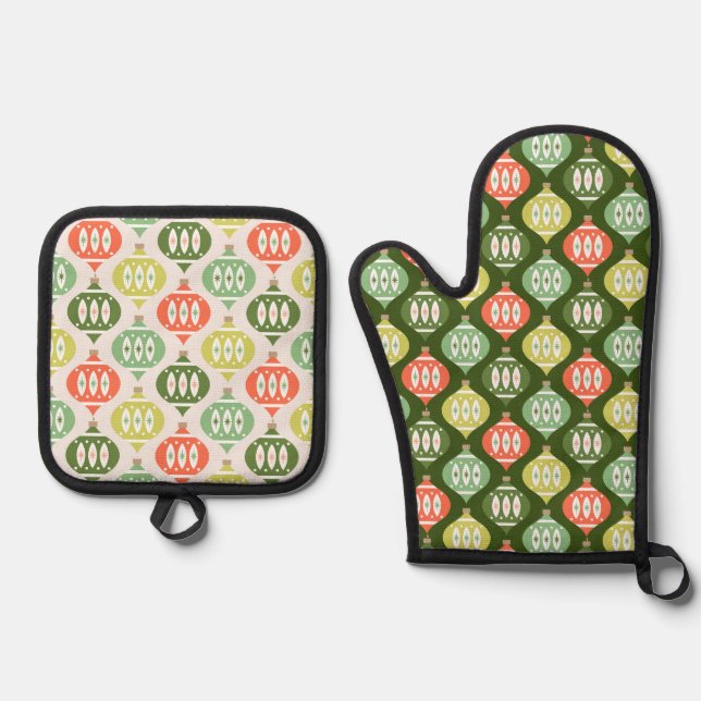 Retro Mid Century Red & Olive Green Christmas Oven Mitt & Pot Holder Set (Front)