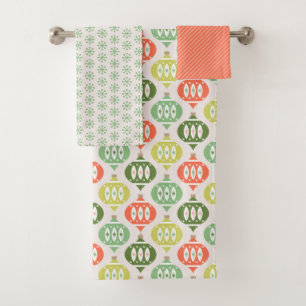 Retro Mid Century Red, Peach & Green Christmas Bath Towel Set