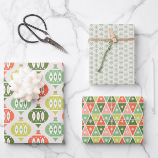Retro Mid Century Red, Peach & Green Christmas Wrapping Paper Sheet