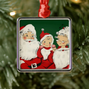 Retro Mid-Century Santa Family – Kitsch Claus Metal Tree Decoration