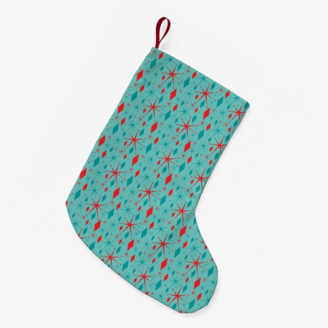 Retro Mid Century Starburst and Diamonds Christmas Small Christmas Stocking (Front (Hanging))
