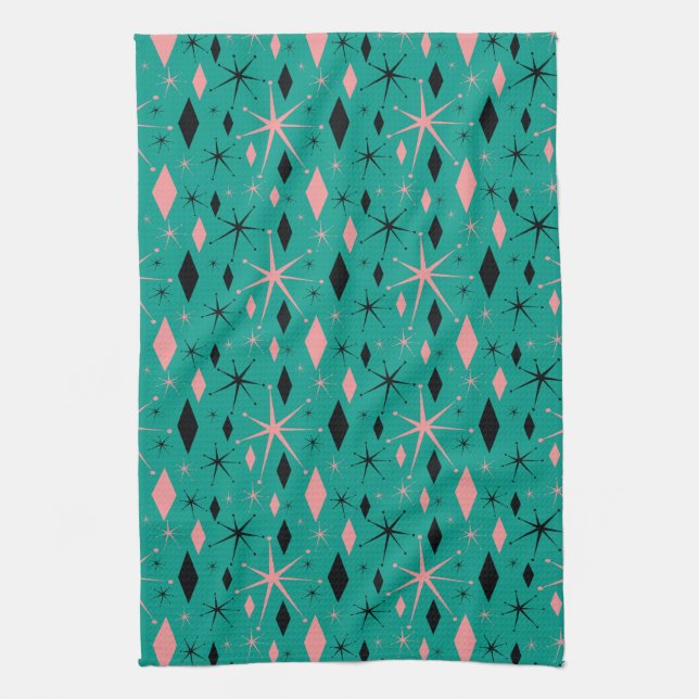 Retro Mid Century Starburst and Diamonds Dish Tea Towel (Vertical)
