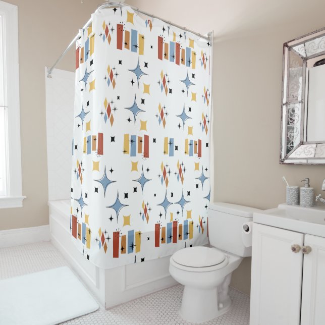 Retro Mid-Century Starburst Shower Curtain (In Situ)