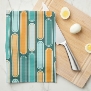 Retro Mid Century Stripes Aqua, Teal, Orange Tea Towel