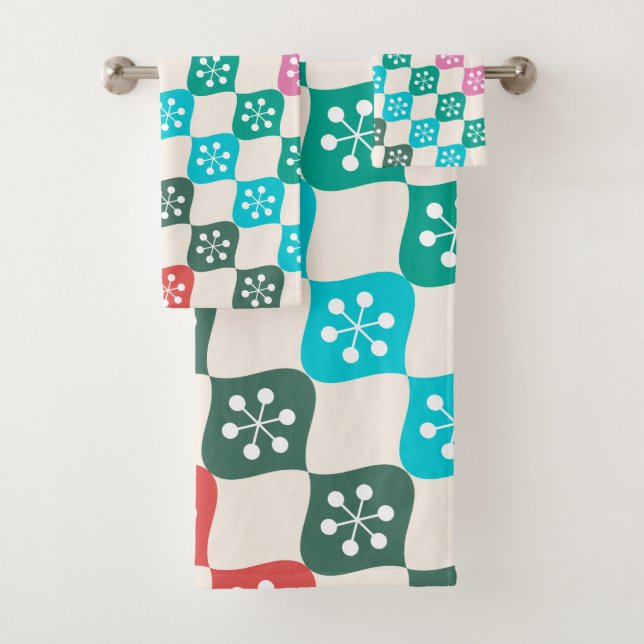 Retro Mid Mod Atomic Pattern Colourful Christmas Bath Towel Set (Insitu)