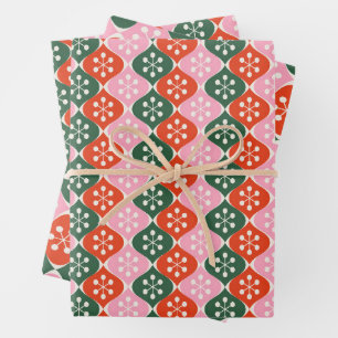 Retro Mid Mod Atomic Pattern Pink Green Christmas Wrapping Paper Sheet