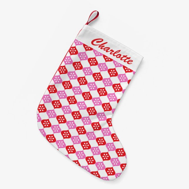 Retro Mid Mod Atomic Pattern Pink Red Personalised Small Christmas Stocking (Front (Hanging))