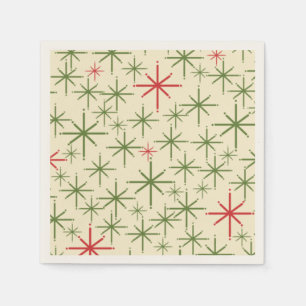 Retro Mid Mod Christmas Stars Olive Red Cream Napkin