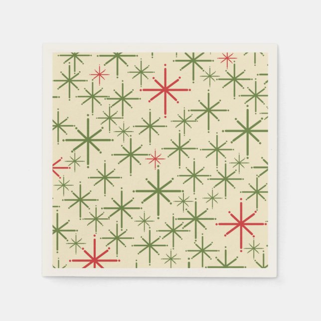 Retro Mid Mod Christmas Stars Olive Red Cream Napkin (Front)