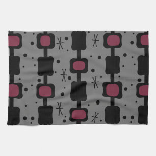 Retro Mid Mod Columns Boxes Maroon Tea Towel
